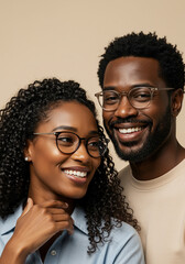 Smiling couple wearing eyeglasses against neutral background