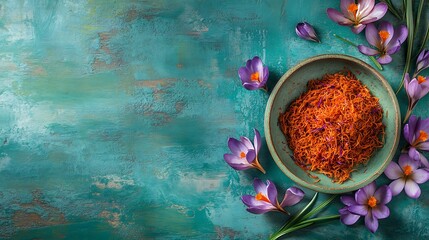 Saffron flowers in bowl on turquoise wooden background.