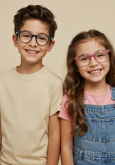 Smiling children with eyeglasses posing together against neutral background