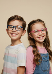 Smiling children with eyeglasses posing together against neutral background