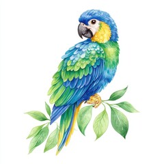 Obraz premium Watercolor Illustration of a Blue and Yellow Macaw Perched on a Branch