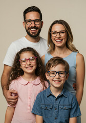 Smiling family wearing eyeglasses on neutral background