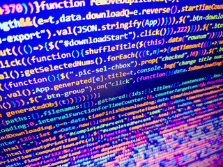 Programming code abstract company office. Screen of web developing php code on dark background....