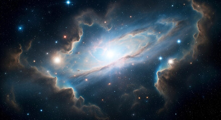 Bright Central Star Illuminating Swirling Cosmic Dust Clouds and Stars in a Vibrant Galaxy Nebula