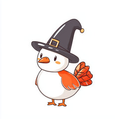 Fototapeta premium Cute cartoon turkey with orange wings and tail feathers wearing black pilgrim hat with buckle, smiling happily