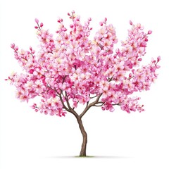 Beautiful Cherry Blossom Tree Illustration with Pink Flowers on White Background