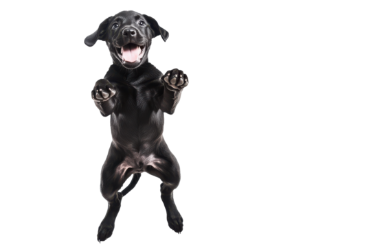 German shorthaired pointer dog standing on hind legs isolated on transparent background. Playful black labrador retriever puppy joyfully jumping isolated on white background.