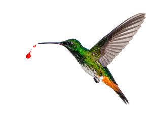 Fototapeta premium Vibrant Hummingbird in Flight Capturing a Drop of Red Nectar