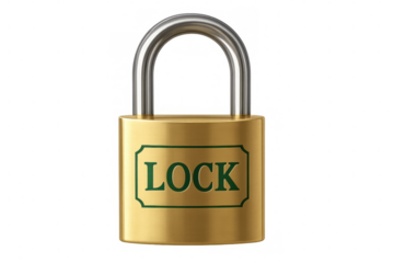 Metallic gold security padlock displaying lock text, protecting digital information against cyber intrusion on transparent surface