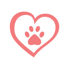 Pink heart shape with a paw print inside on a white background animal