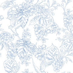 Vintage Toile de Jouy Pattern with Blue Roses and Swallows. Seamless floral and bird illustration