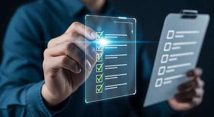 Person checking off items on a digital and physical checklist