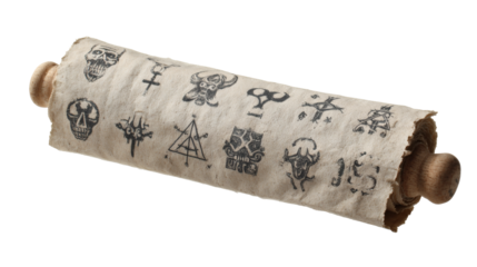 A mystical scroll filled with occult symbols and cryptic markings on aged parchment.