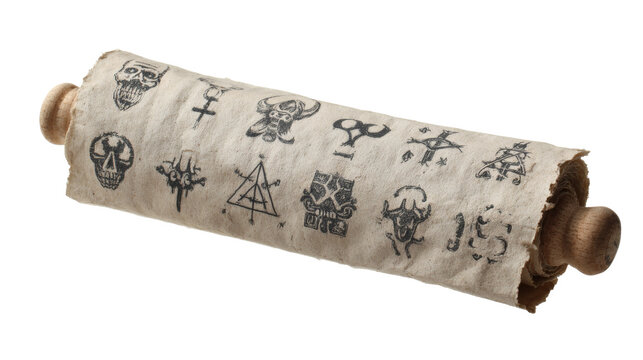 A mystical scroll filled with occult symbols and cryptic markings on aged parchment.