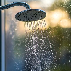 Shower head with water drops flowing in modern bathroom. Shower head closeup.