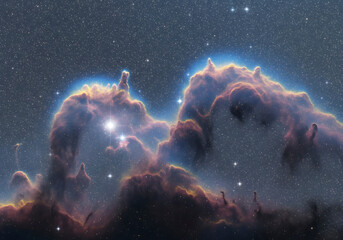 Majestic Cosmic Clouds and Pillars of Gas and Dust Illuminated by Stars in a Distant Nebula