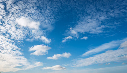 clear blue sky filled with various fluffy white clouds and wispy cirrus clouds creating a peaceful and expansive atmosphere