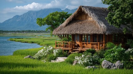 Thatched Hut by Lake, Serene Rural Retreat