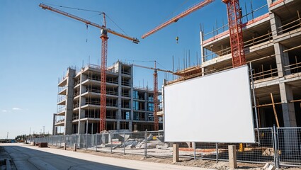 Naklejka premium New Urban Development Construction Site with Cranes and Blank Billboard
