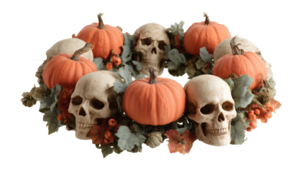 A spooky Halloween wreath of pumpkins and skulls creates a festive autumn scene.