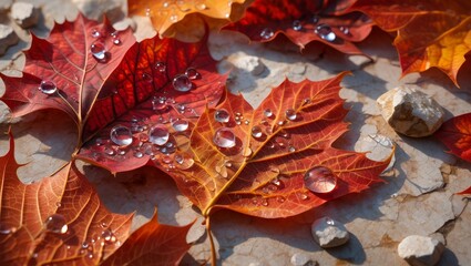 Close up of wet autumn maple leaves with water droplets on a textured surface