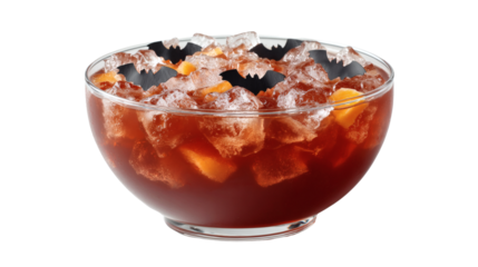 A delicious and festive Halloween punch bowl with ice, fruit, and bat decorations for a spooky celebration.