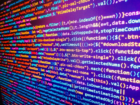 RNN Neural Network source code. Search engi. Binary code digital technology background. Black background with colored lines of code. Programming code abstract screen of software developer