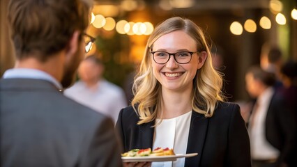 Smiling businesswoman serving appetizers at corporate event with colleagues present