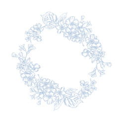 Vintage Toile de Jouy wreath with Blue flowers and Swallows.