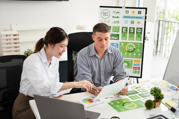 Businesspeople talk ESG strategies global warming, green finance and investment and net zero waste...