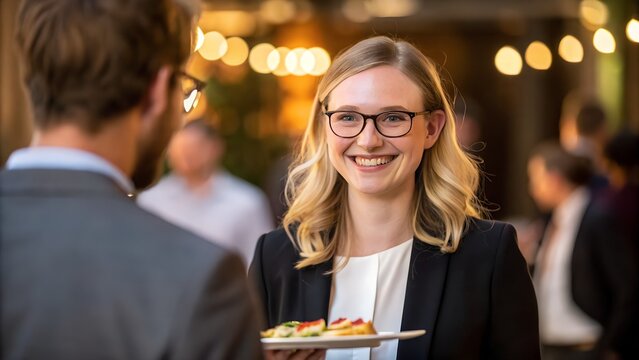 Smiling businesswoman serving appetizers at corporate event with colleagues present