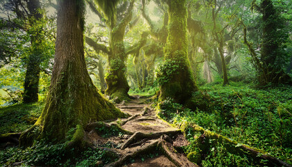 fantasy forest path through big trees and low vegetation enchanted green landscape digital painting