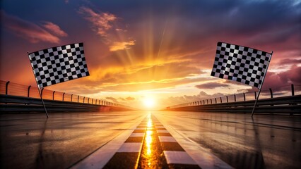 Race track at sunset with checkered flags, victory and success concept