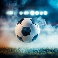Soccer ball on the field of stadium with lights and smoke.