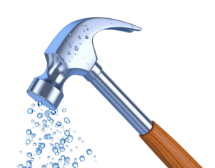 Metallic Hammer with Water Droplets Splashing in Dynamic Action