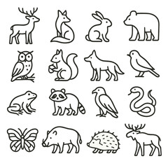 Wild Animal Icons. Line style icons of wild animals in nature: deer, fox, rabbit, bear, owl, squirrel, wolf, bird, frog, raccoon,