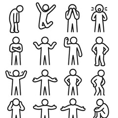 Emotional Body Icons. Line style icons of emotional body posture: slouched person, jumping with joy, hiding face, screaming pose,
