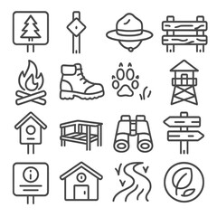 Naklejka premium Protected Area Icons. Line style icons of protected areas: national park sign, trail marker, ranger hat, forest fence, campfire