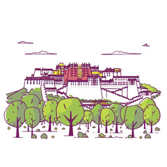 Obraz premium Colorful Outline Drawing of Potala Palace and Surrounding Trees