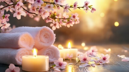 Spa composition on a light surface with cherry blossom branches in the background, body care, copy space