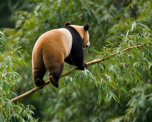 Obraz premium Playful Panda Climbing Bamboo Branch in Lush Green Surroundings