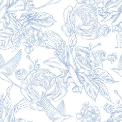 Fototapeta premium Vintage Toile de Jouy Pattern with Blue Roses and Swallows. Seamless floral and bird illustration