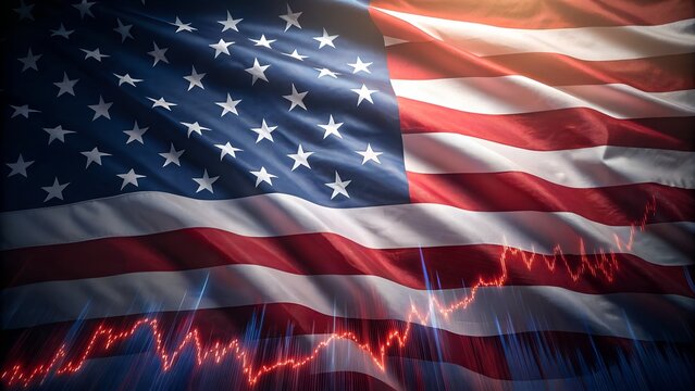 American flag with financial chart overlay, representing market trends and economy - Powered by Adobe