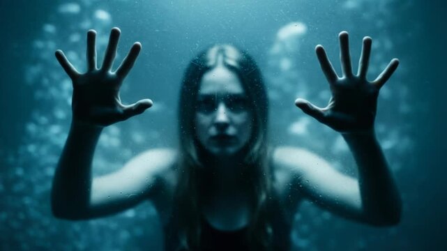 Woman trapped underwater, reaching out with hands