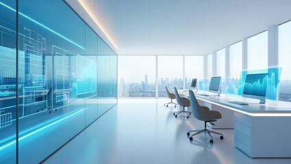 Bright futuristic office with transparent digital screens and blue data overlays. Ideal for corporate or tech visuals. Generative AI.