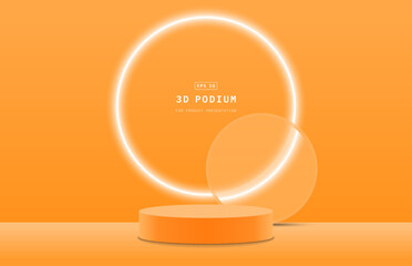Minimal scene banner for product mockup. Realistic orange 3d cylinder podium pedestal stage with glowing neon ring shape and transparent glass shape. Design for product display. Stage for showcase.