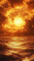 Fiery Ocean Sunset with Glowing Sun and Dramatic Clouds