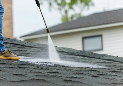 Pressure washing a residential roof