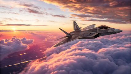 F-22 Raptor Stealth Fighter Jet Soaring Above Dramatic Sunset Cloudscape.  A Stunning Aerial View...
