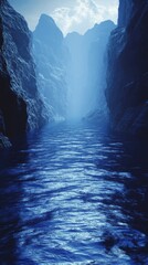 Navigating a Narrow Waterway Between Rocky Cliffs on a Misty Day